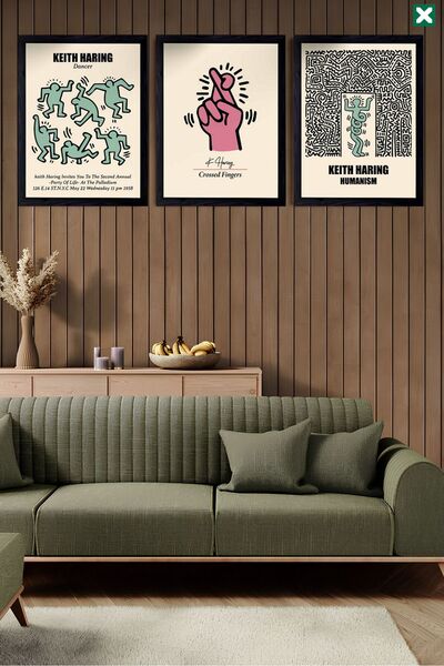 TABLOX Set de 3 decorațiuni Keith Haring, pictură modernă din MDF cu aspect d...