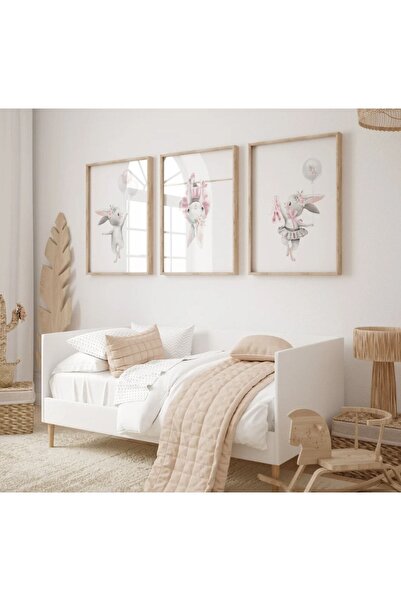 woodhomeworks Ahşap Çerçeveli Bebek, Çocuk Odası 3 Lü Tablo