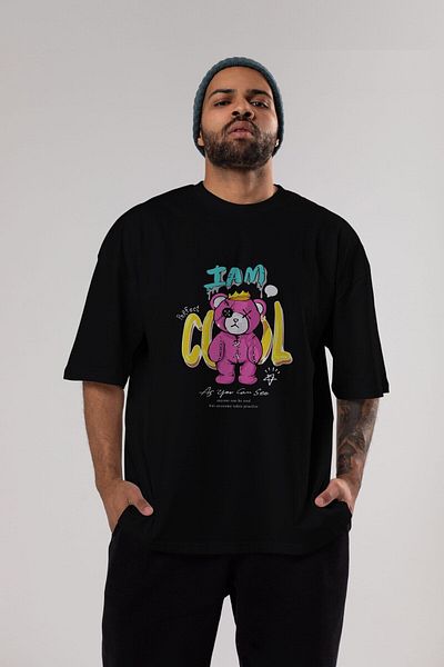 Ankhises I Am Cool Bear Tricou negru supradimensionat cu imprimeu în față, unisex, bărbați, femei, cu gât crew