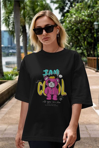 Ankhises I Am Cool Bear Tricou negru supradimensionat cu imprimeu în față, unisex, bărbați, femei, cu gât crew
