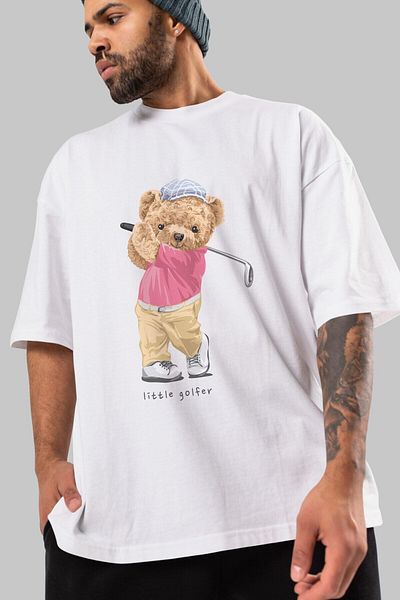 Ankhises Teddy Bear Little Golfer Imprimat în față Tricou alb oversize Bărbați Femei Gât crew