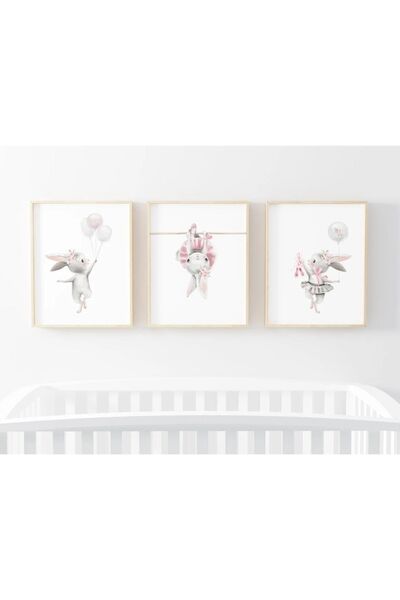 woodhomeworks Ahşap Çerçeveli Bebek, Çocuk Odası 3 Lü Tablo