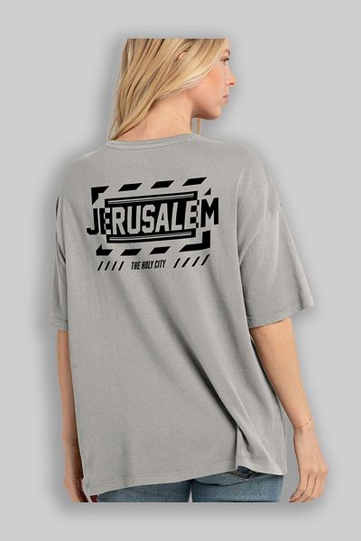 Ankhises Tricou oversize, gri, imprimat pe spate Jerusalem, unisex, bărbați, femei, cu decolteu