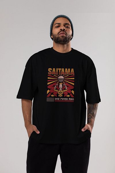 Ankhises Tricou supradimensionat negru cu imprimeu în față Saitama, unisex, pentru bărbați, pentru femei, cu gât crepus