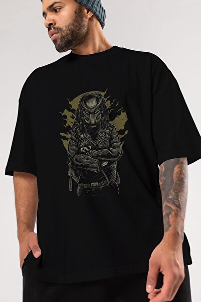 Ankhises Tricou negru supradimensionat Predator cu imprimeu în față, unisex, ...