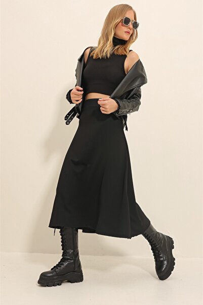 KAŞİHA Black High Waist Elastic Women's Midi Skirt - A Forma