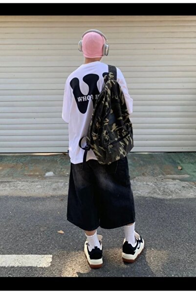 DENOKMODA SİYAH UNISEX RAHAT KALIP GENİŞ PAÇA KOT KAPRİ VİNTAGE ŞORT