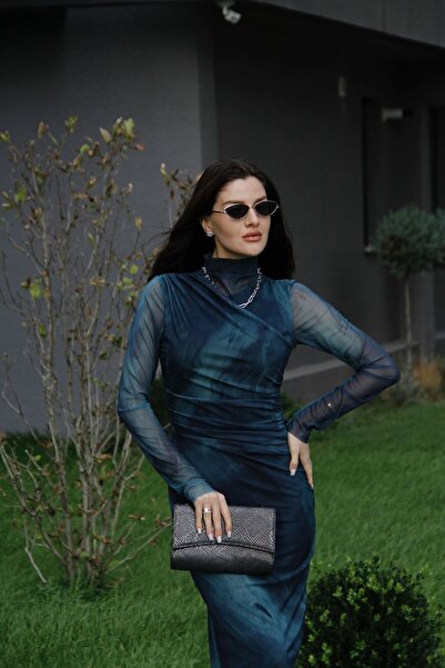 Julidress Зелена и синя рокля с дълъг ръкав, подплатена, с рибарска яка и шар...