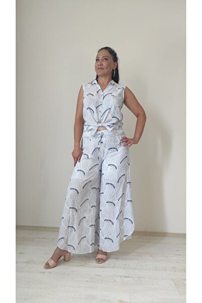 AKŞEN GİYİM KADIN PAMUKLU KUMAŞ ÜST KOLSUZ ALT ŞALVAR MODEL ASTARLI PANTOLONL...