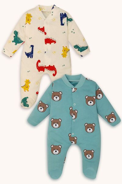 bebizu Kendinden Patikli Çıtçıtlı Ayıcık ve Dinazor Baskılı 2li Tulum