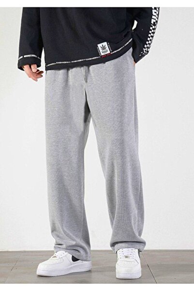 FİTGO Γκρι βαμβακερό χειμερινό φαρδύ παντελόνι με φαρδιά εφαρμογή Byzserie101