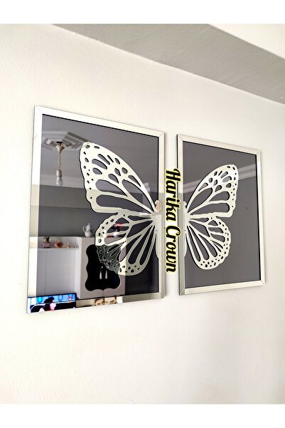 hibiscus Aynalı Model 2 Li Kelebek Tablo (ŞİŞE CAM AYNA)