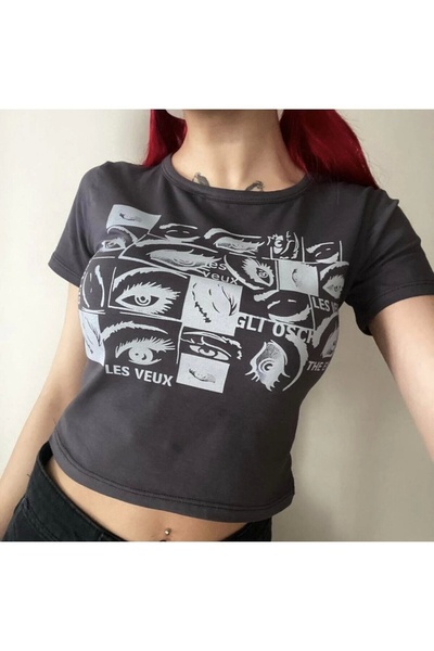 DarkellaStore Y2K Harajuku Angry Eyes Short Sleeve Crop Blouse