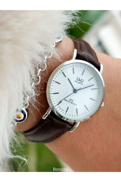 Q&Q Retro Brand Brown Leather Cord and Silver Case - Polite Women's Wristwatch Bracelet