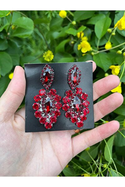 ANZE bordo kristal taşlı gelin tacı ve küpesi