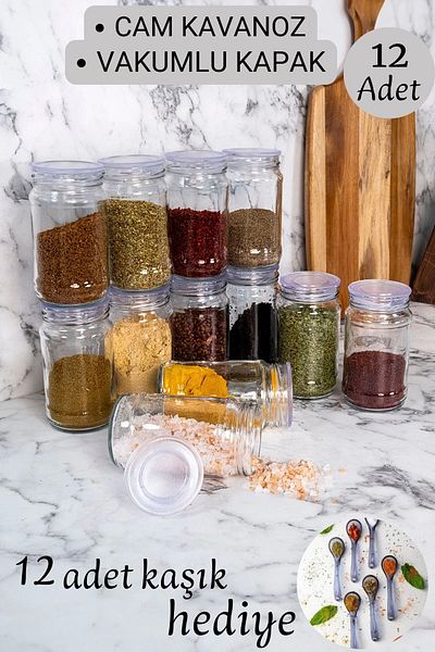 Ecolux 12 Pieces Vacuum Lid 330cc Glass Jar Spice Set - with LABEL and SPOON as a gift