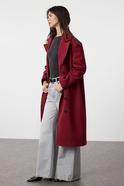 Trendyol Collection Palton oversize roșu claret cu textura moale - Închidere asimetrică TWOAW25KB00009