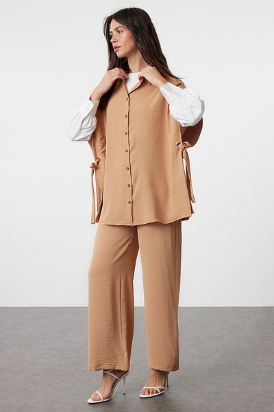 Trendyol Modest Beige Bird Eye Detailed Woven Aerobin Top and Bottom Set TCTSS24US00065
