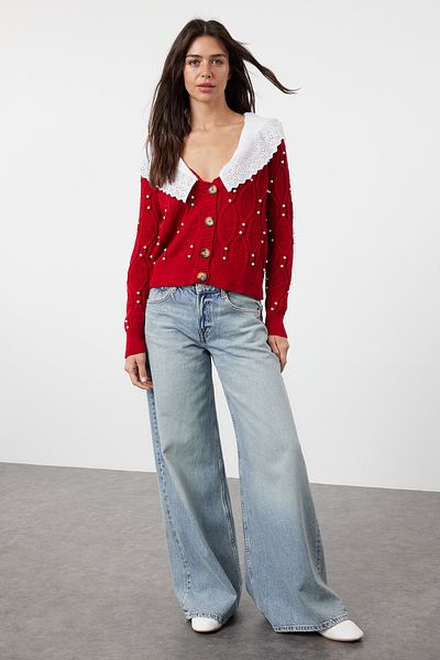 Trendyol Collection Cardigan roșu din tricotaje - Guler Garni și detaliu cămașă TWOAW23HI00291