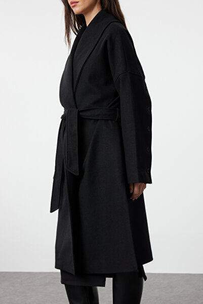 Trendyol Collection Soft Textured Black Oversize Coat - Button Detail and Slit Twoaw25kb00027