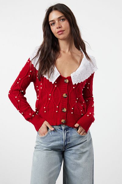 Trendyol Collection Cardigan roșu din tricotaje - Guler Garni și detaliu cămașă TWOAW23HI00291