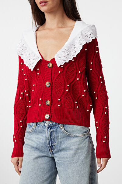 Trendyol Collection Red Shirt Woven Garni Collar Detailed Knitwear Cardigan Twoaw23Hi00291