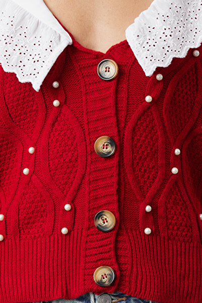 Trendyol Collection Red Shirt Woven Garni Collar Detailed Knitwear Cardigan Twoaw23Hi00291