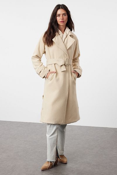 Trendyol Collection Dlouhý vlněný oversize kabátek - s páskem, TWOAW22KB0015
