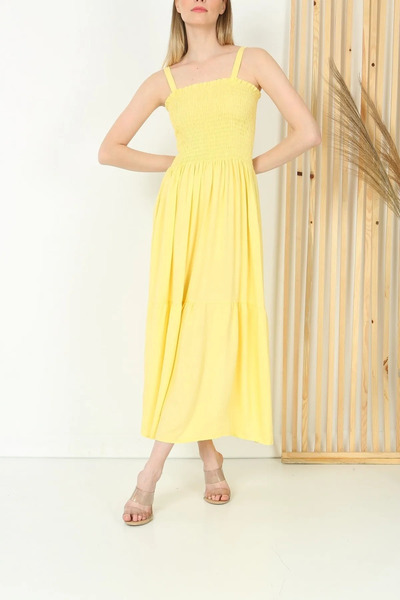 KaSheHa Kalın Askılı Eteği Fırfırlı Üstü Gipeli Yazlık Elbise 125 Cm