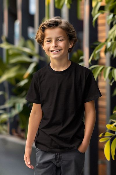 TRENDYOLKIDS Černé bavlněné unisex tričko - Crew Neck, Krátký rukáv, Regular Fit TKDSS24TS00020