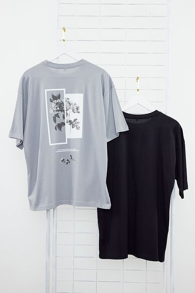 Trendyol Collection Πακέτο 2 Γκρι-Μαύρο μπλουζάκι Oversize - TNSS24TS00195