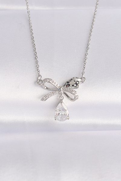 Moka Shopin Zircon Stone Drop Detailed Silver Bow Necklace - 316L Steel Chain