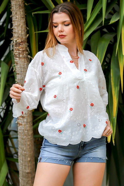 Chiccy Hakim Collar White Long Sleeve and Embroidered Scalloped Woven Blouse