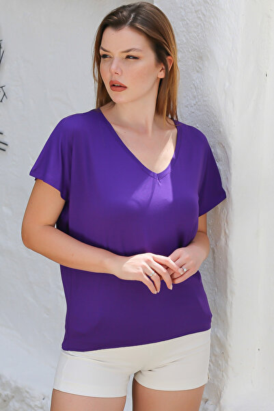 Chiccy Πλεκτό μπλουζάκι με λαιμόκοψη V σκούρο μωβ - Μπλουζάκι με χαμηλό μανίκι Basic Casual Wear