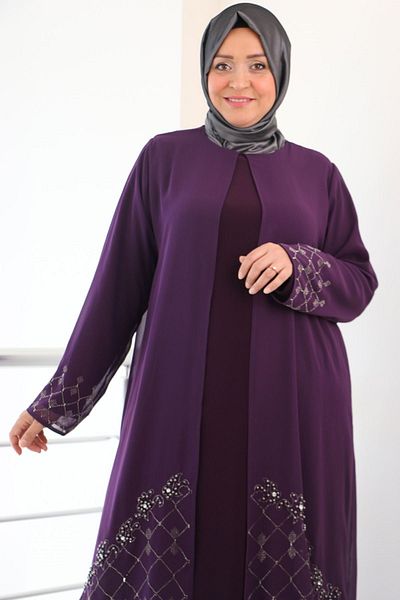 Eslina 42002 Plus Size Stone Detailed Chiffon Set - Plum