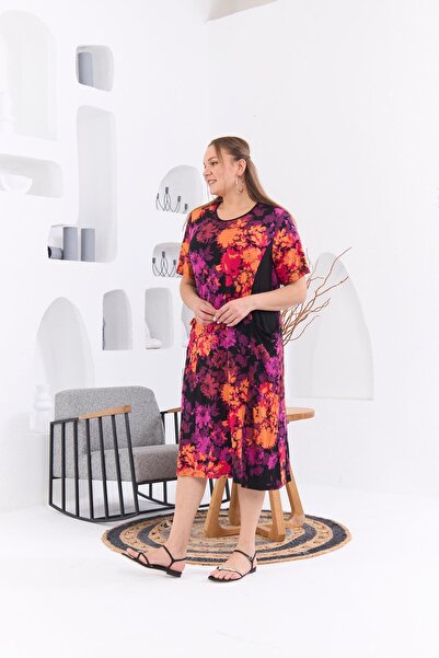 RMG Cepli Çiçek Desenli Büyük Beden Oranj Elbise