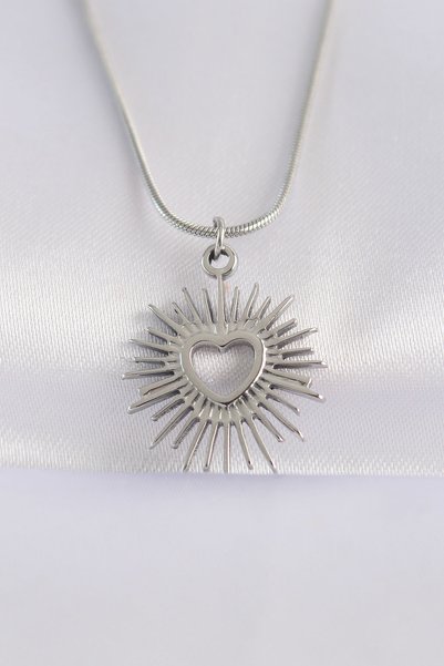 Acousticworld 316L Steel Chain - Silver Color Heart Sun Design Necklace