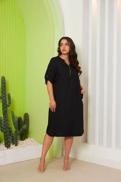 RMG Plus Size Black Dress - Collar Zipper Detail