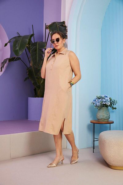 RMG Mink Plus Size Dress - Sleeveless with Shirt Collar and Pocket Detail