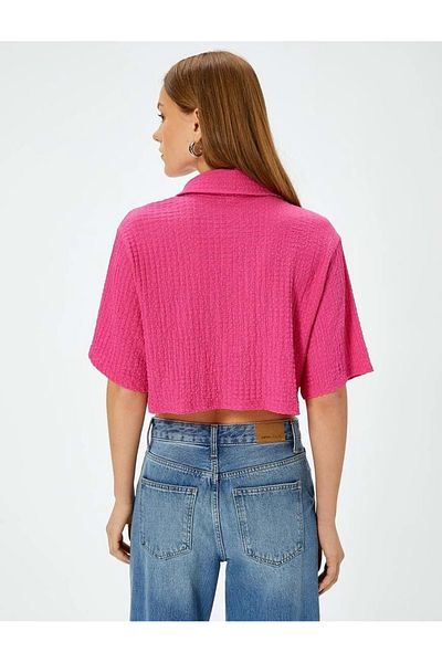 Koton Pink Textured Crop Shirt - Short Sleeve, Buttoned 4SAK60003EK