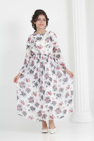 Asortix Rochie lungă din șifon, căptușită pentru fete, cu imprimeu floral, cu detaliu de colier care nu se vede
