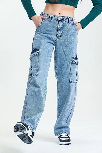 Asortix Girl's Cargo Pocket Detailed High Waist Wide Leg Jeans