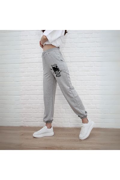 Touz Moda Hello Gothic Printed Unisex Grey Sweatpants