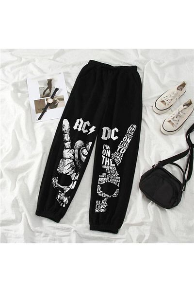 Touz Moda AC/DC Printed Black Oversize Unisex Rock Series Sweatpants