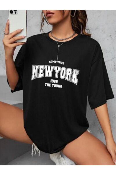 NOFLEN Crna prevelika majica New York 1968 sa printom
