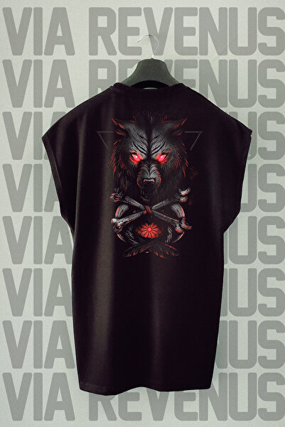 Vordevia Tricou sport supradimensionat cu imprimeu Black Wolf - Mâneci zero