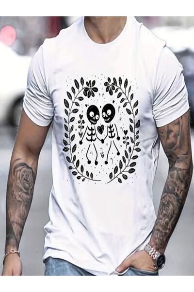 CLASSY.MODA تي شيرت أبيض كبير الحجم مطبوع - رقبة دائرية، كم قصير