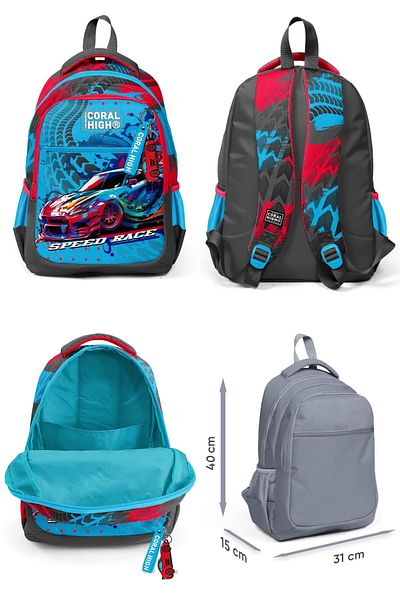 Coral High Primary School Backpack and Pen Holder Set for Boy - Gray Blue Race Car