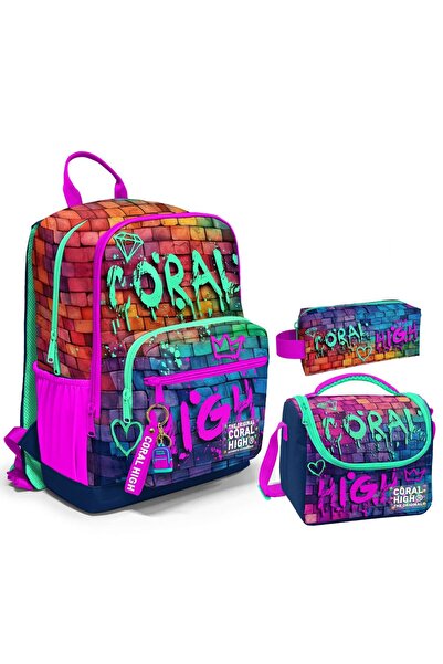 Coral High Тройна ученическа чанта за момче - Розово, тъмносиньо, графити