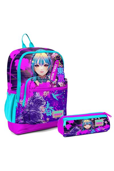 Coral High Set rucsac și suport stilou pentru școala primară pentru fetiță - pisică anime violet roz